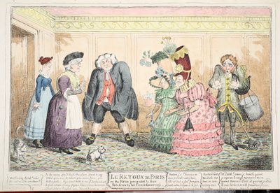 Le Retour de Paris, of, de nicht voorgesteld aan haar familie door haar Franse gouvernante, 1816 door George Cruikshank
